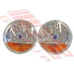 HEADLAMP SET - 2PCS - CRYSTAL/AMBER/BLUE CAP - TO SUIT - H4 P43 3PIN 7INCH ROUND